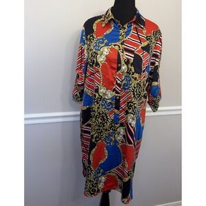 Tahari Womens 3/4 Cuff Sleeve Baroque Print Collared Button Dress Red Size 16